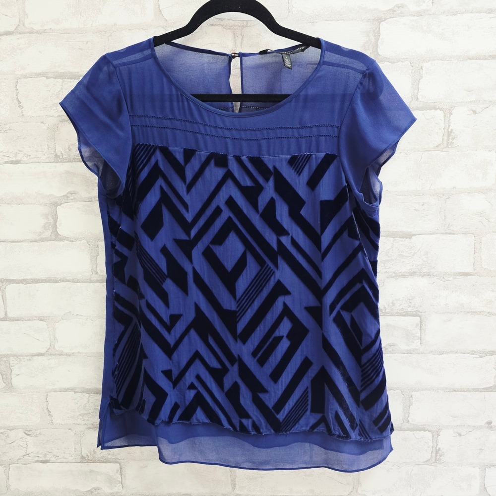 White House Black Market Royal Blue Velvet Burnout Geometric Silk Blend Top 6